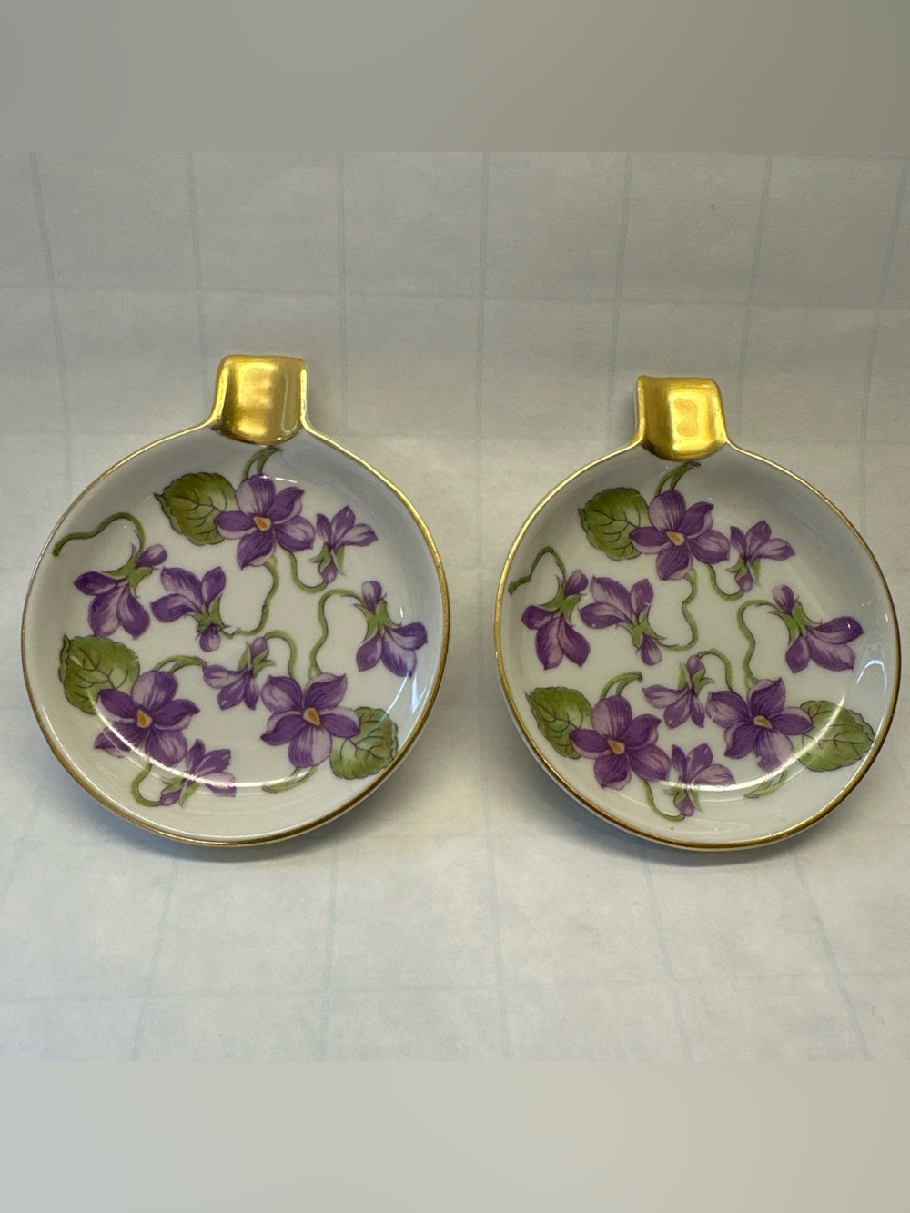 Pair Vintage Mitterteich Bavaria Germany #41 Gold Trim Purple Flowers Ashtrays